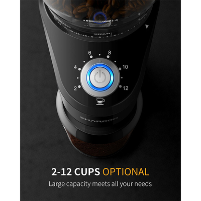 ไฟ LED สีฟ้า Burr Conical Grinder 2 ถึง 12 Cups Safety Lock Office Espresso Machine