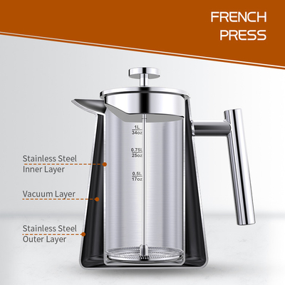 1000ml/34oz ลูกสูบสแตนเลสหม้อกาแฟสูญญากาศ 13.4*20.5cm