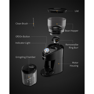 เครื่องบดกาแฟดำอัตโนมัติแบบพกพา 100W 240g เสี้ยนรูปกรวย 2-12 ถ้วย 14 ปรับได้