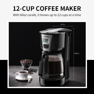 เครื่องชงกาแฟแบบหยดสแตนเลสแบบเทอัตโนมัติ 1.8 ลิตร 12 ถ้วย สีดำ