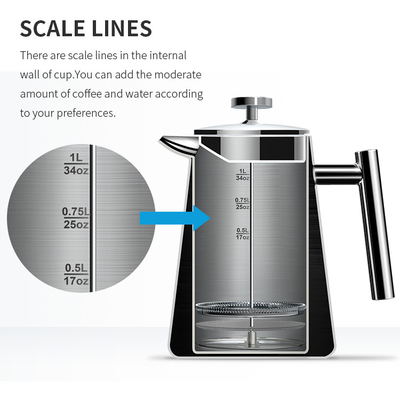 เครื่องชงกาแฟแบบกดฝรั่งเศสอัตโนมัติขนาด 1000 มล. Travel Stainless Steel Double Wall
